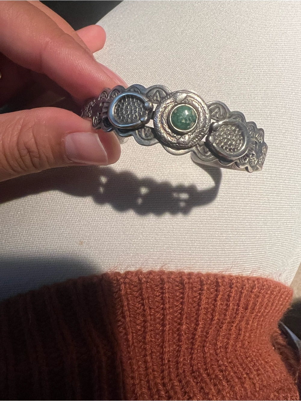 Vintage Nickel Silver Bracelet with genuine Green Turquoise stoneFred Harvey Era